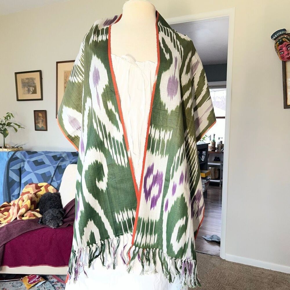 VTG Ikat Woven Scarf Shawl Green Purple Fringe Boho Wrap 70x15